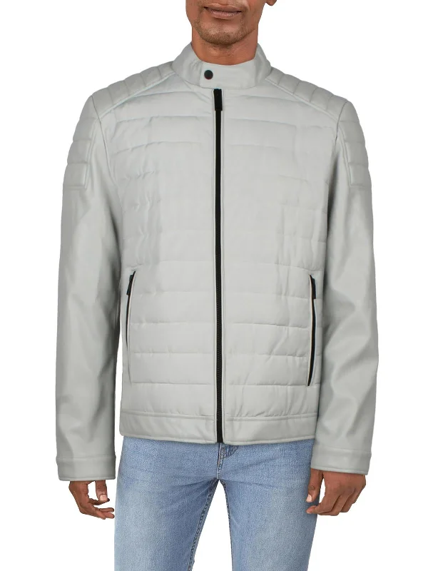 Weekend Deal Mens Faux Leather Cold Weather Quilted Coat