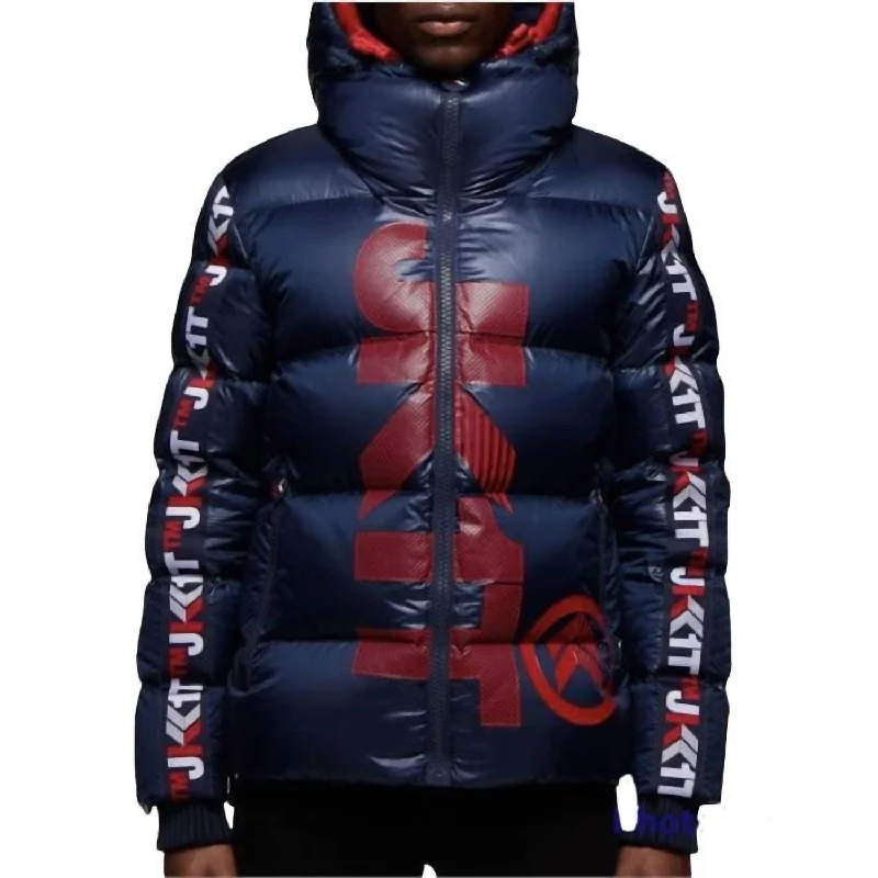Exclusive Deal Prime Time Racer Down Puffer Jacket In Navy/red