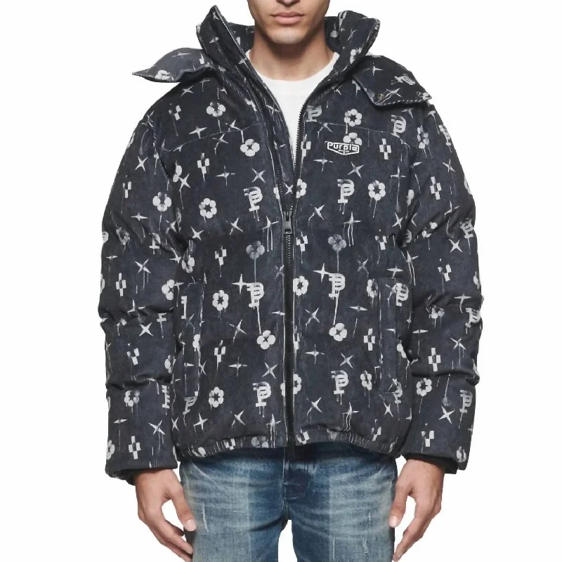 Clearance Sale Printed Corduroy Puffer Jacket In Black